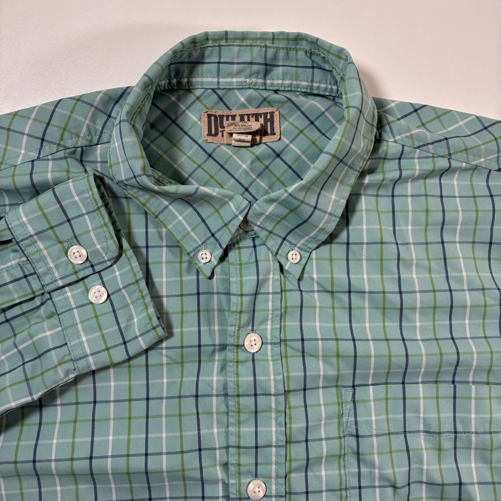 Duluth Trading Co Button Down XL Teal Green Plaid Nylon Spandex Performance